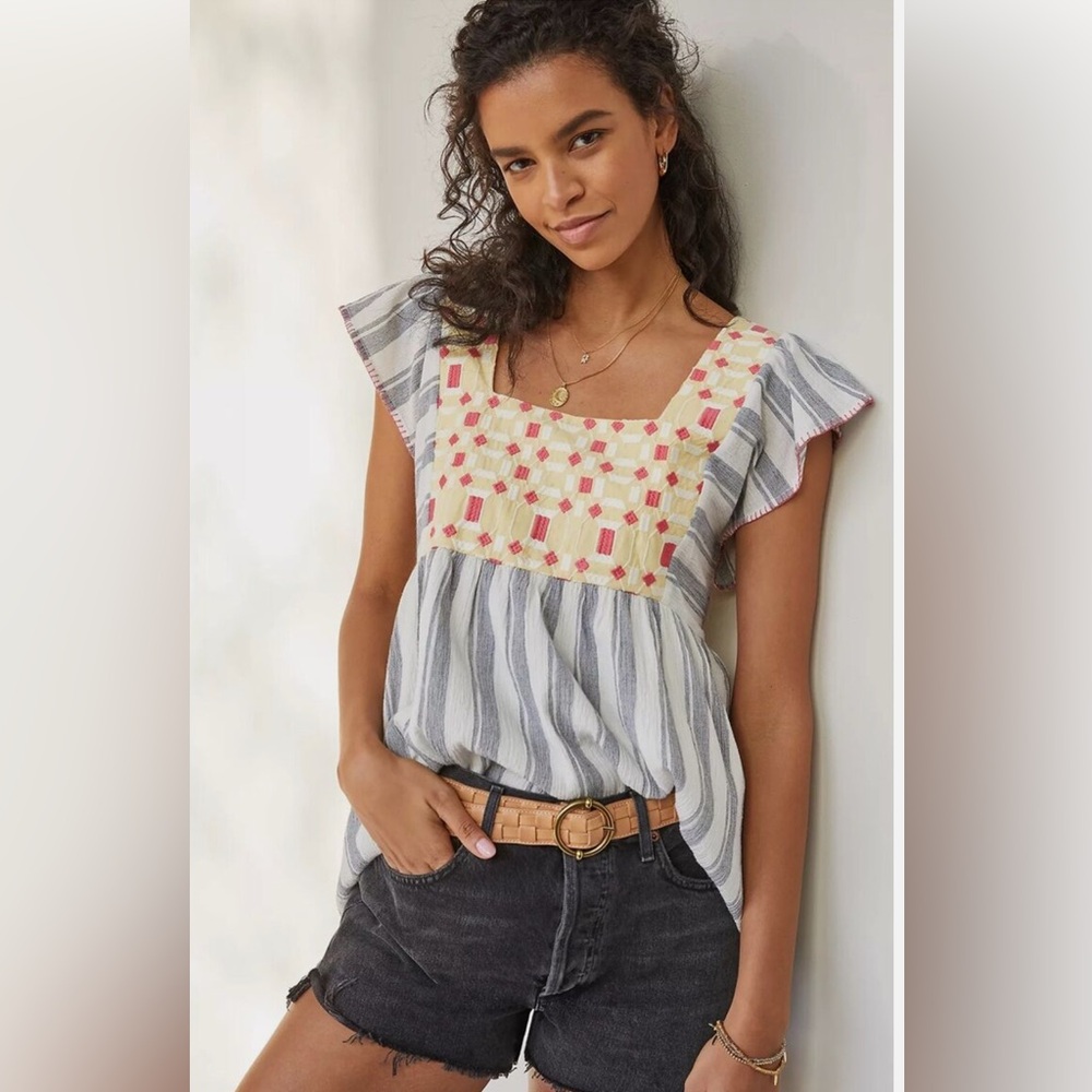 Anthropologie Striped Blouse with Embroidered Details